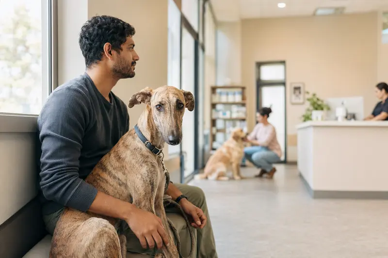 Ein Chippiparai Hund sitzt ruhig neben seinem Besitzer im hellen Wartezimmer einer modernen Tierarztpraxis.